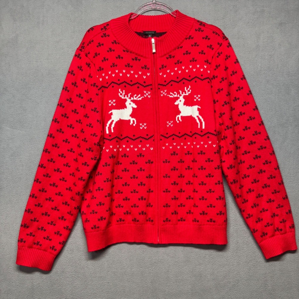 Talbots Reindeer Full Zip Cardigan Sweater Holiday Christmas XL Red Festive Cozy